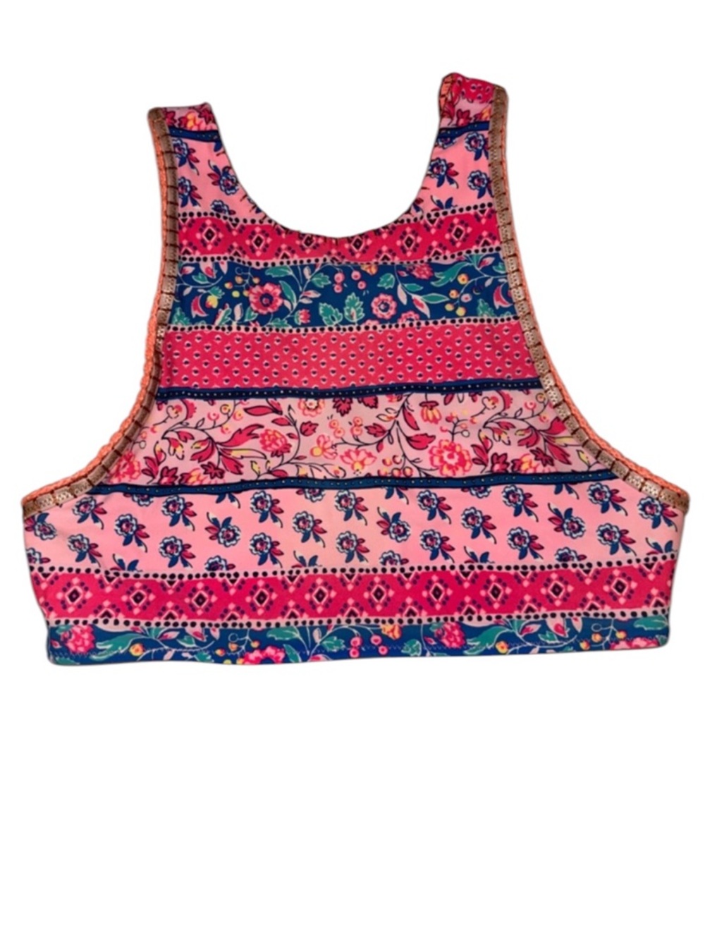 Aerie Floral High Neck Bikini Top Boho Pink Coral Orange Strappy Back Size large